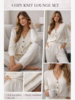 Cozy White Knit Lounge Set XS Cardigan & Pants Soft Minimal Outfit